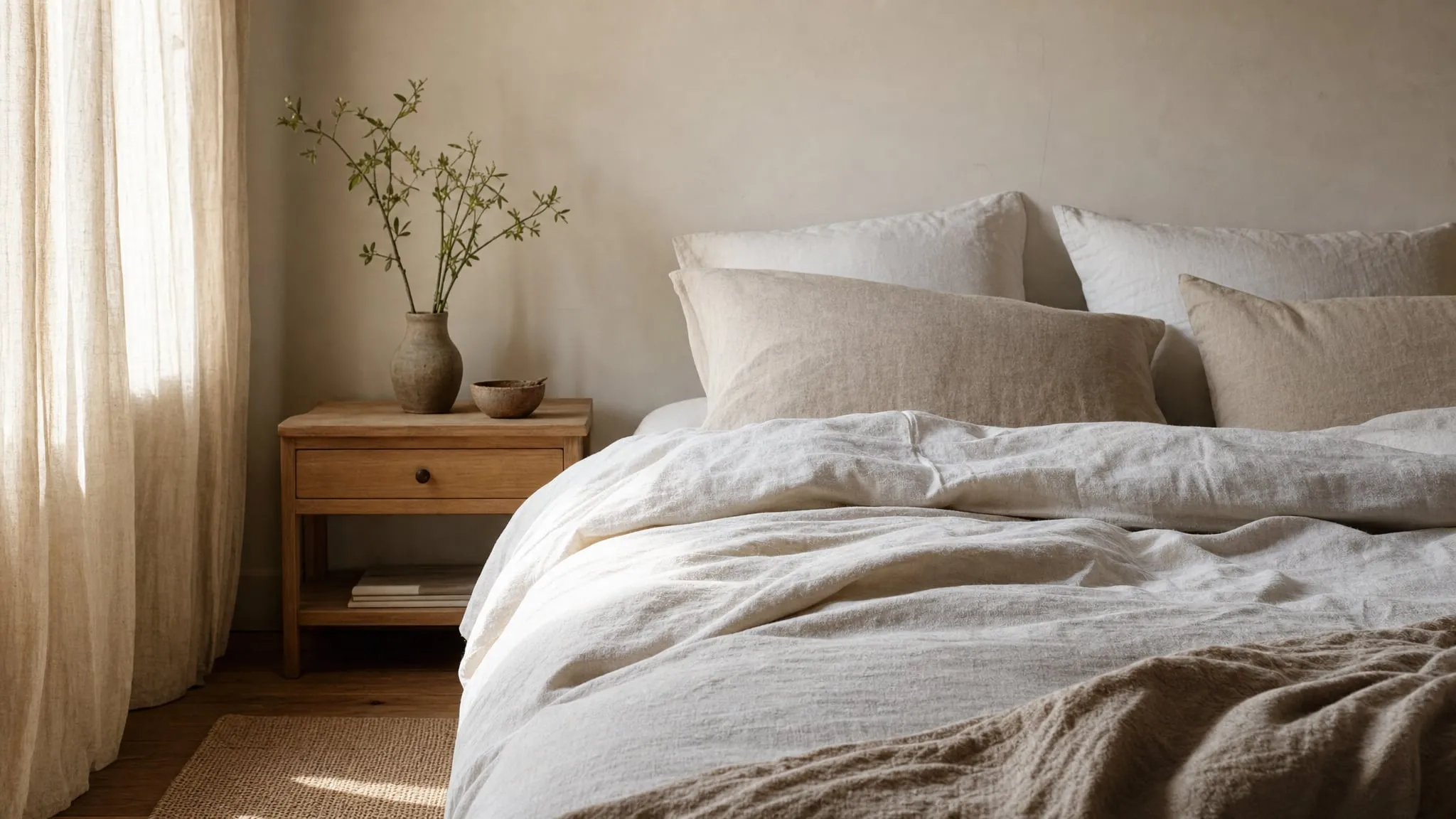 Opgemaakt bed met linnen beddengoed in zandtinten bij ochtendlicht door een linnen gordijn