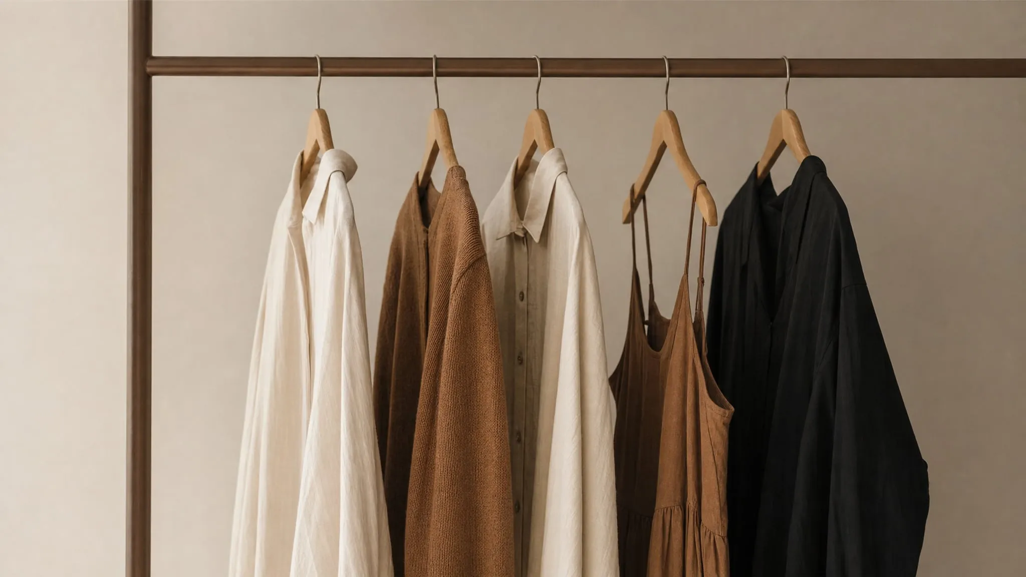 Open kledingrek met kleding in crème, kleibruin en zwart aan houten hangers