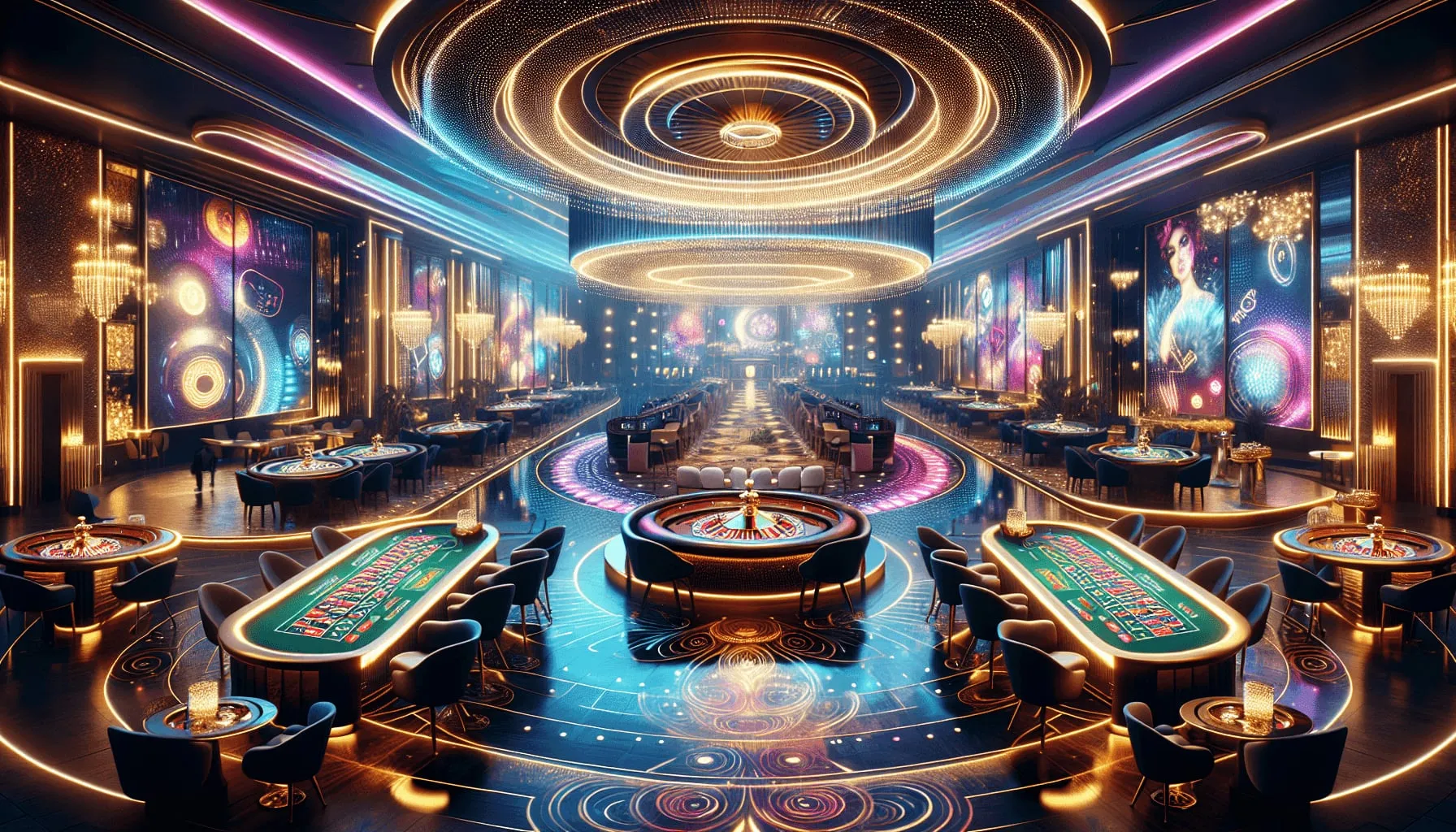 Weelderige casinozaal met roulettetafels, speeltafels en verlichte ringen aan het plafond