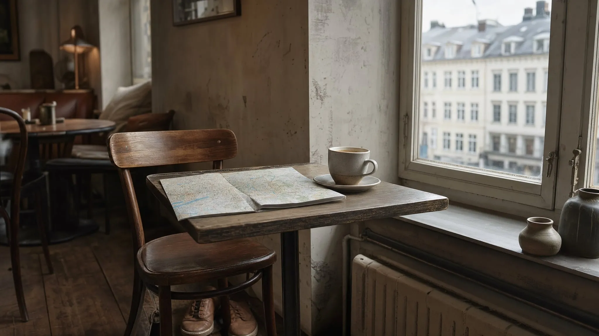 Koffie en een opgevouwen stadsplattegrond op een cafétafel bij het raam