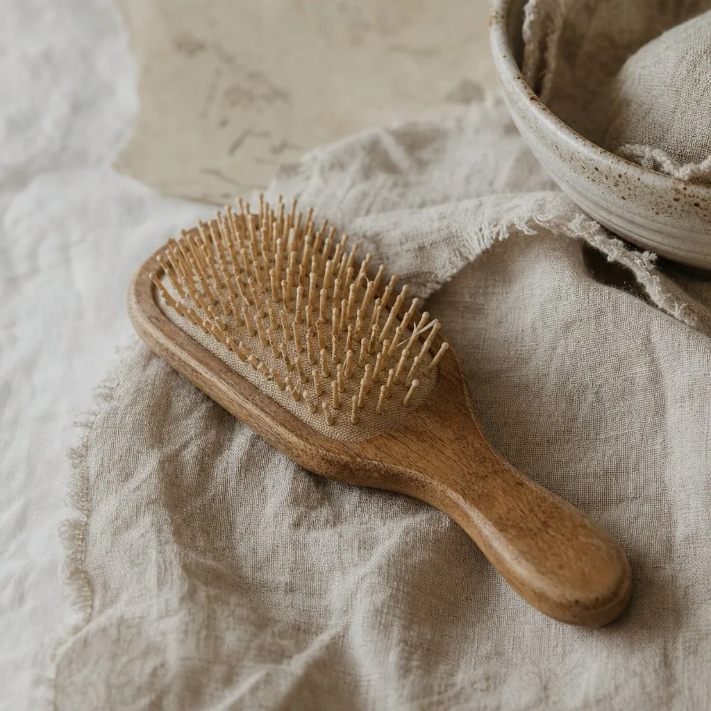Gebruikte houten haarborstel met natuurlijke haren op een linnen doek