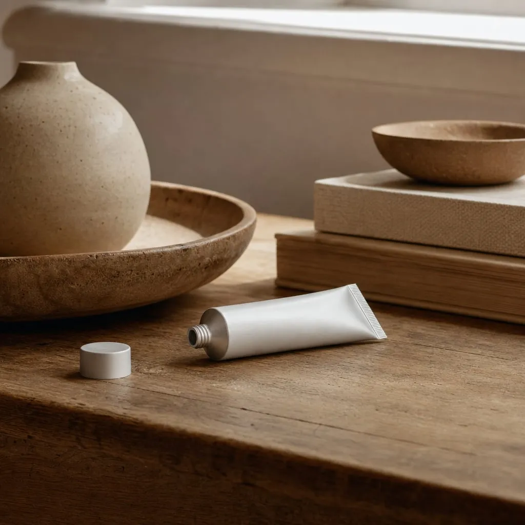 Blanco aluminium tube handcrème op een verweerd eikenhouten oppervlak