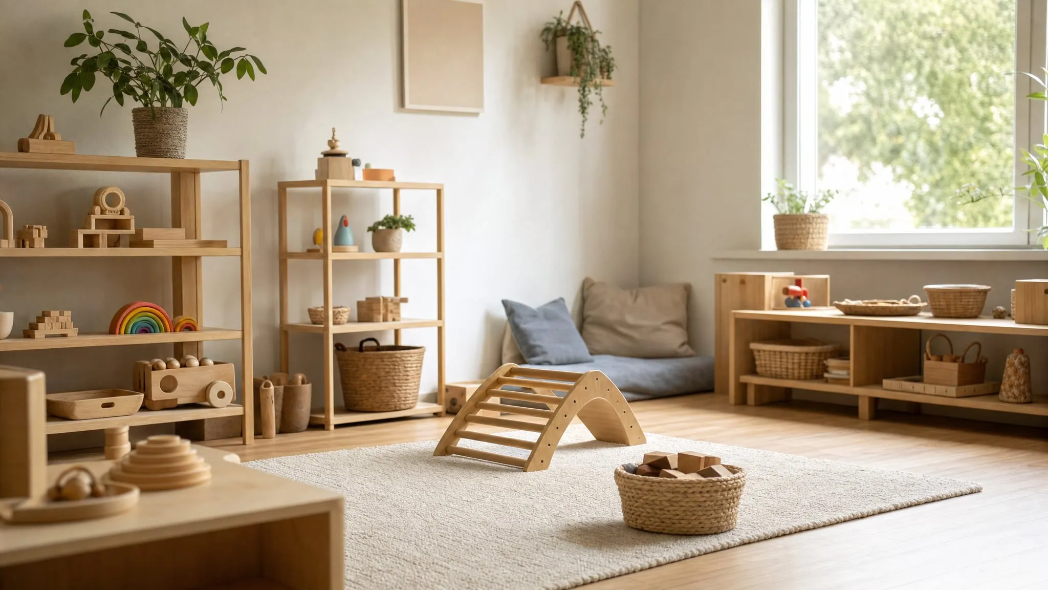 Speelruimte van een kinderopvang met houten speelgoed op lage kasten bij daglicht