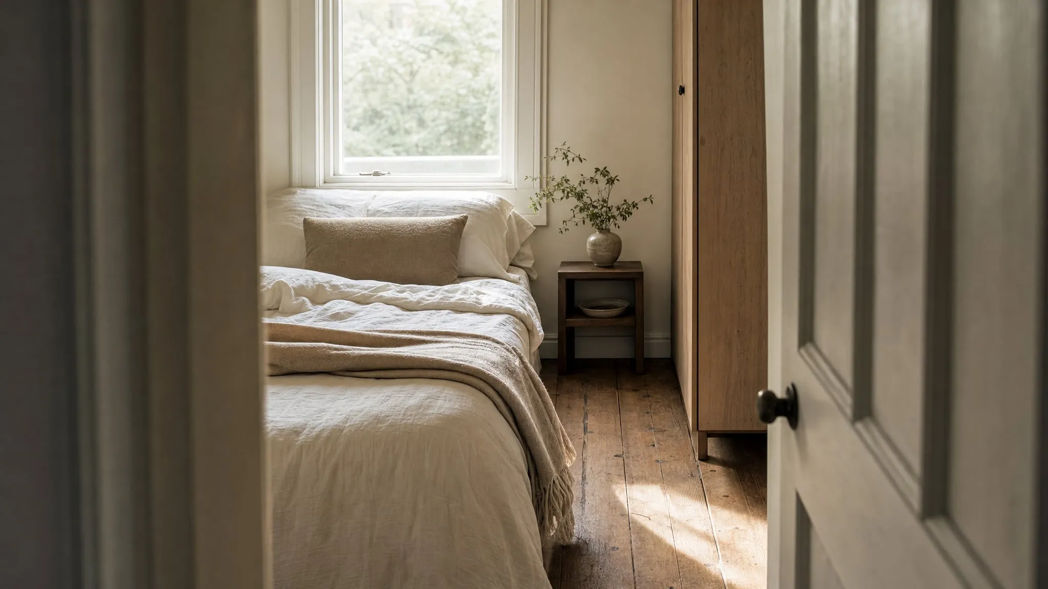 Kleine slaapkamer met het bed onder het raam en een smal nachtkastje ernaast
