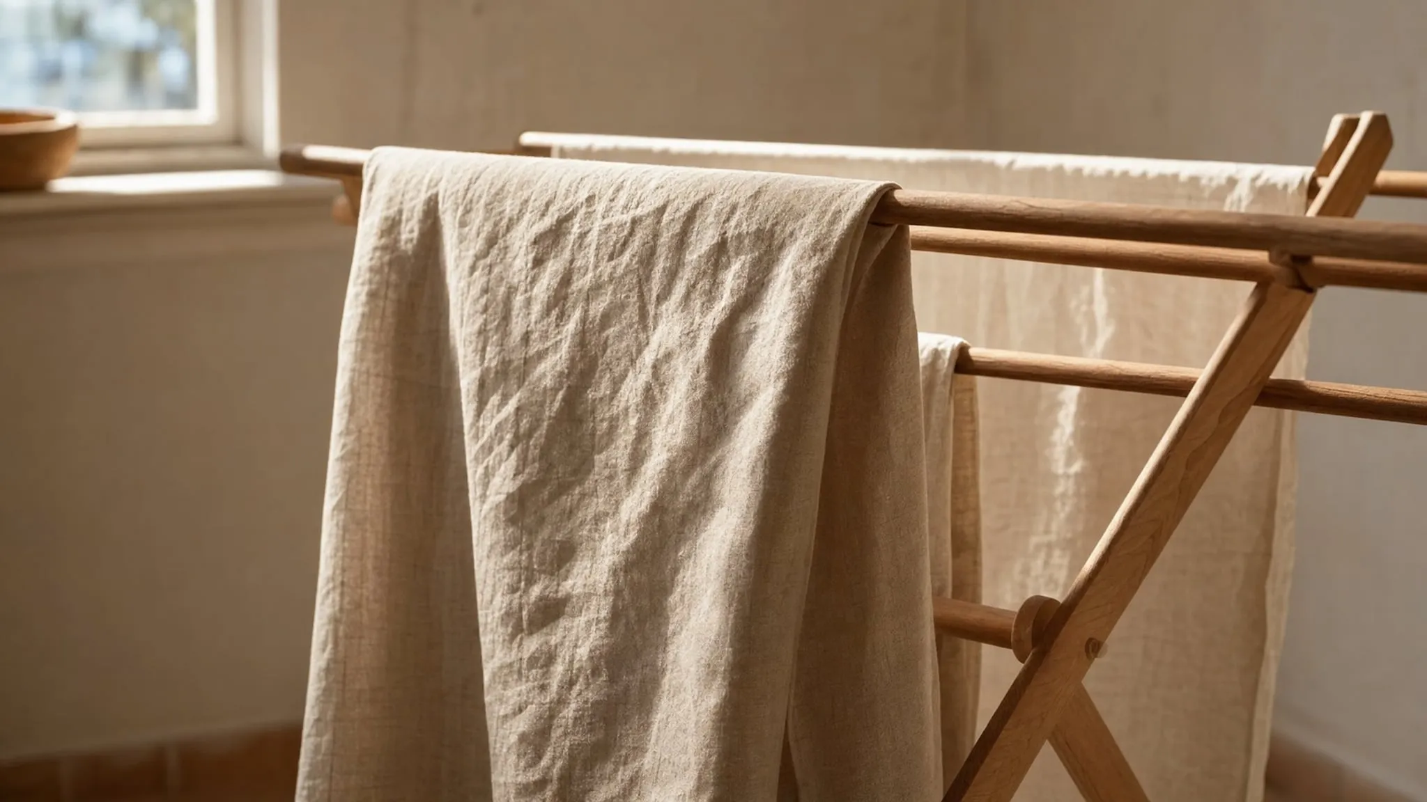 Gewassen linnen dat te drogen hangt over een houten wasrek in een licht vertrek