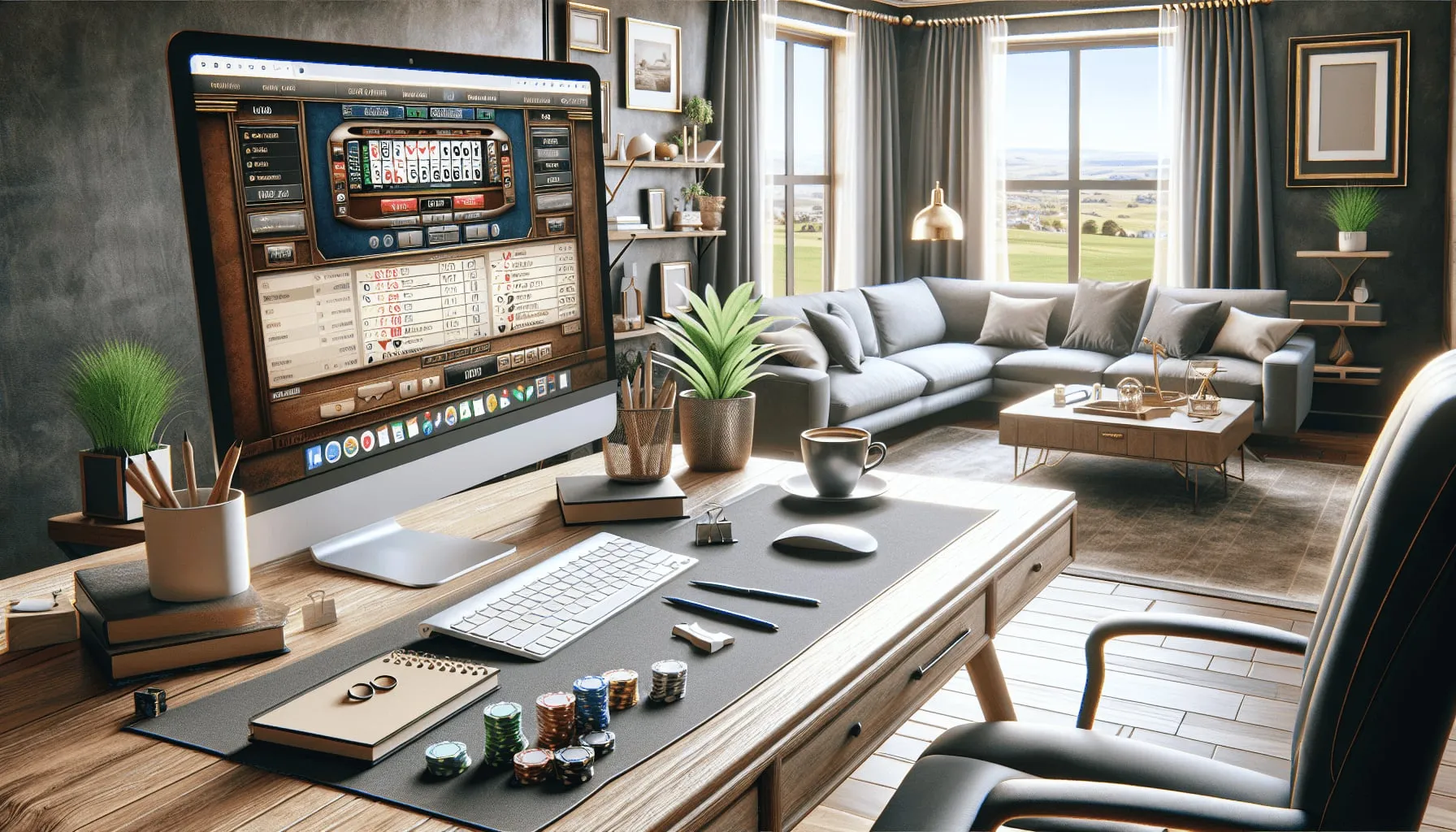Werkplek thuis met een groot scherm waarop een casinospel openstaat, met pokerfiches en een kop koffie op het bureau