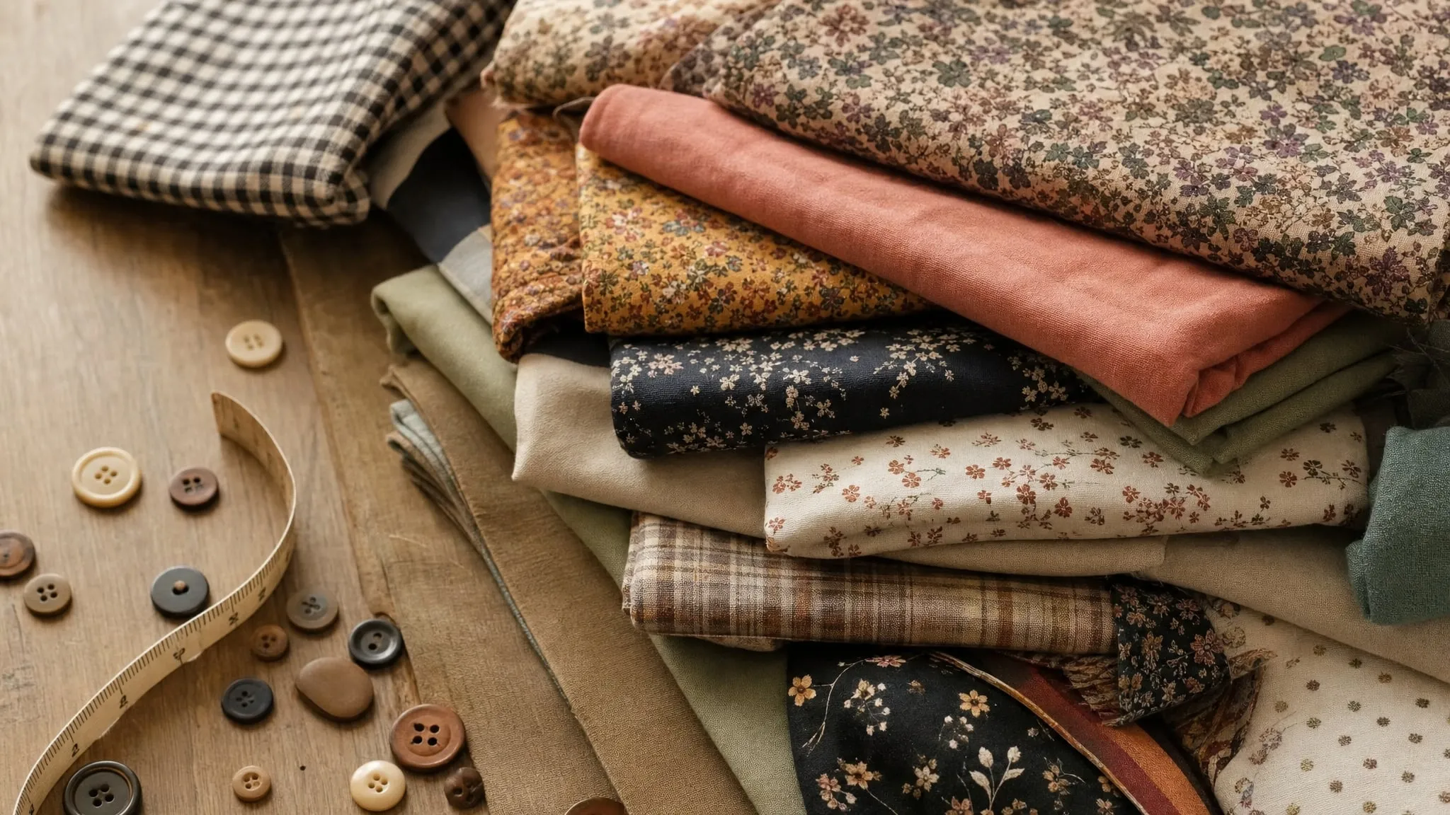 Gevouwen stoffen in verschillende prints en kleuren op een houten tafel bij daglicht