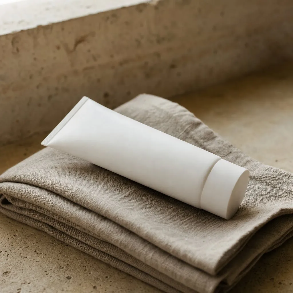 Blanco witte tube zonnebrand op een opgevouwen linnen doekje